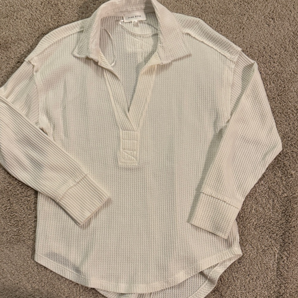 Pink Rose Cream Waffle Knit Long Sleeve Henley Top
